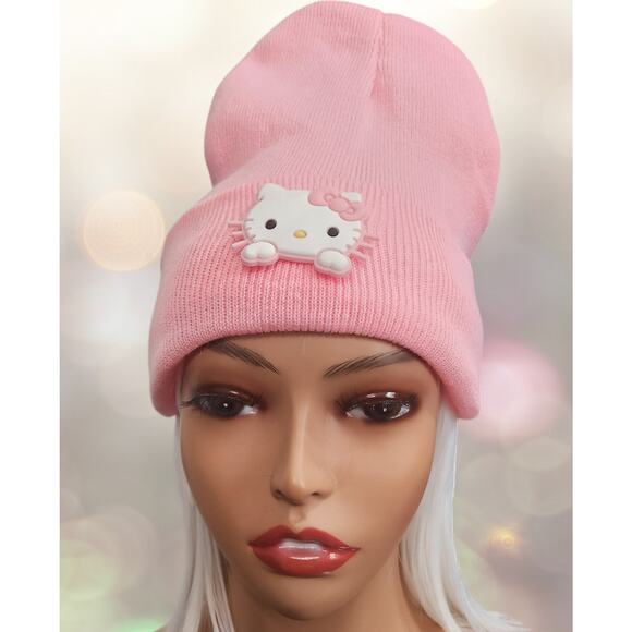 Cap Beanie Pink Lined with White Hello Kitty and Pink Bow - Picture 2 of 6